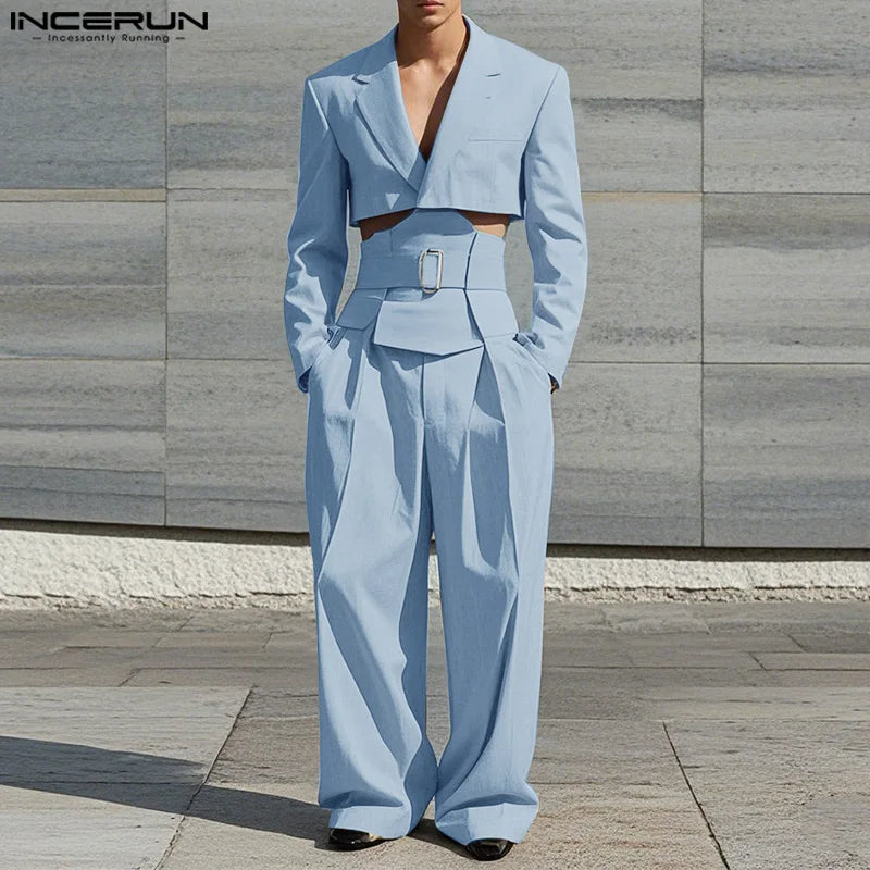 Men's Cropped Waistband Wide Leg Pants & Top Solid 2-Piece Set S–5XL – Handsome Casual Suit