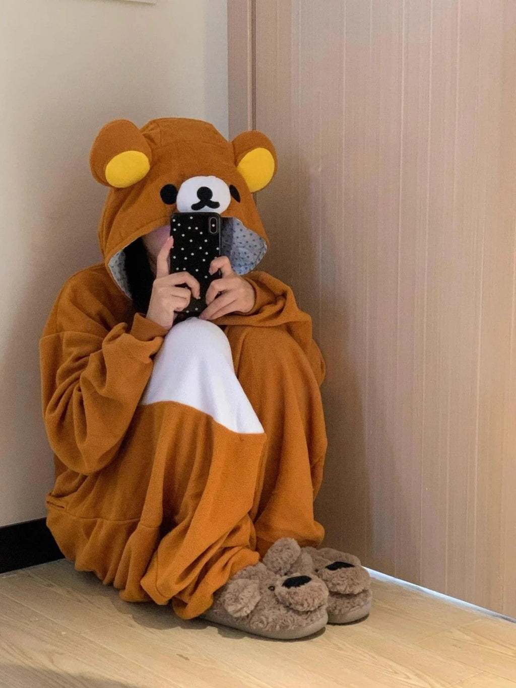 Women's Rilakkuma Bear Hooded Onesie Pajamas | Warm Cartoon Fleece Jumpsuit