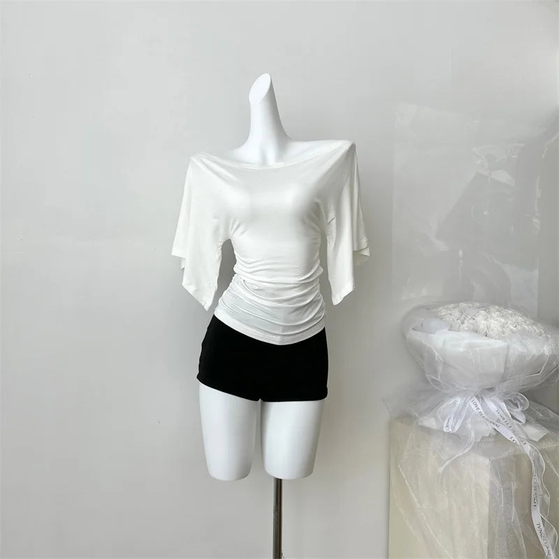 Women's Slash Neck Flare Sleeve Slim Pleated T-Shirt – Sexy Solid Color Pullover Top