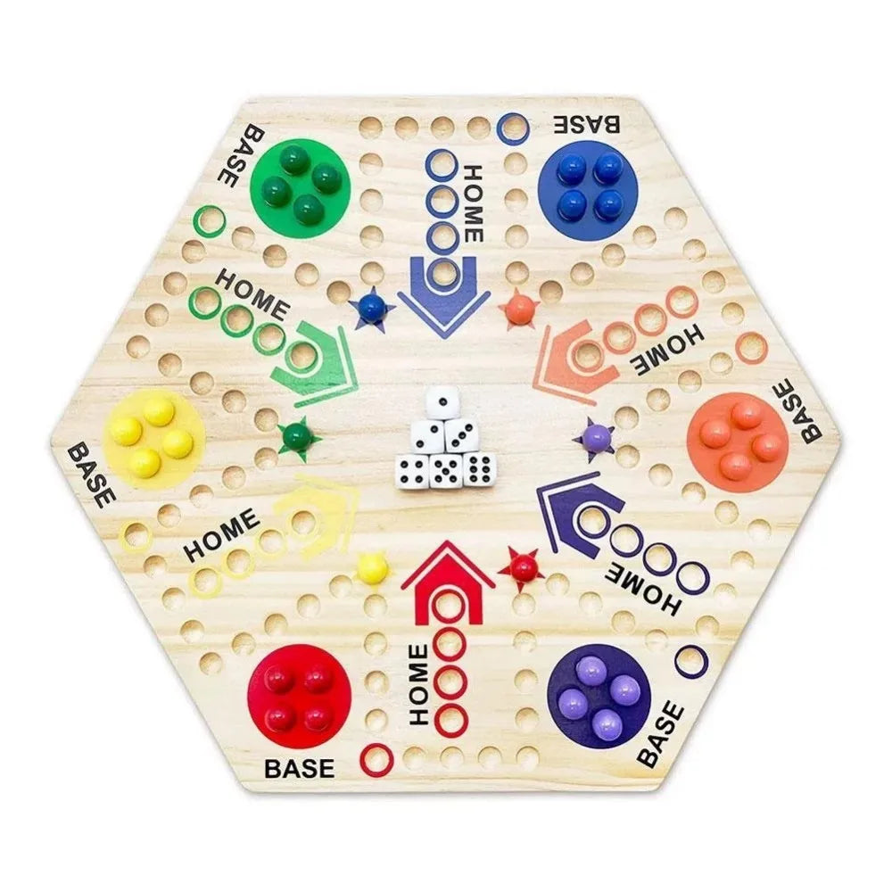 Wahoo Marble Board Game – Double-Sided Wooden Fast Track Game for 4–6 Players, 24 Marbles & 6 Dice
