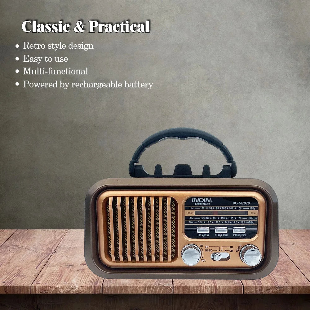 Portable Vintage Retro Radio — AM/FM/SW, Bluetooth, Solar & Battery Powered with Phone Stand