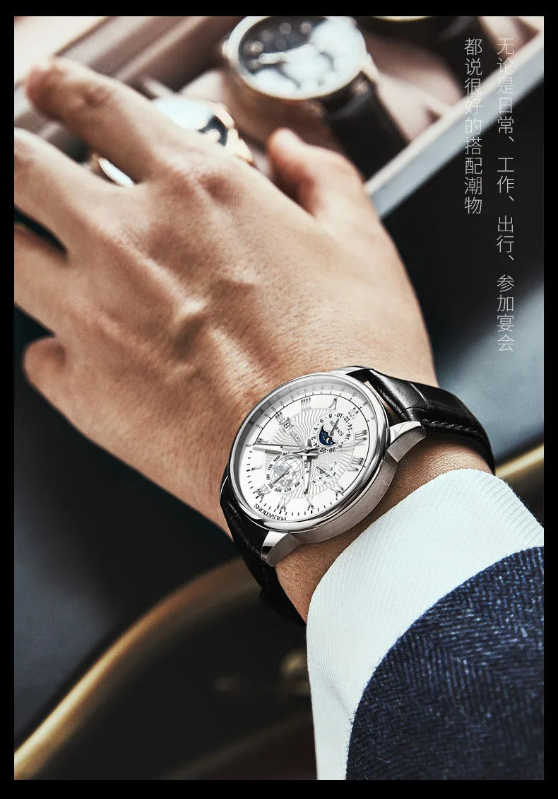 Men's Moon Phase Chronograph Quartz Watch | Luminous Leather Strap Luxury Sport Wristwatch
