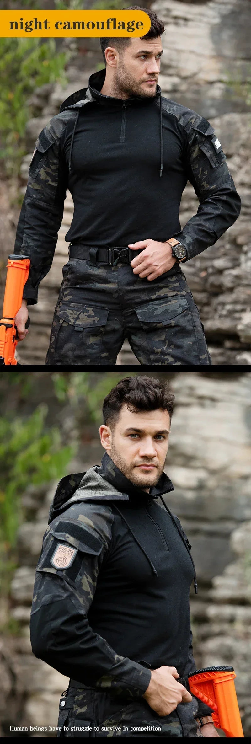 Men's Tactical Combat Suit – Camo Hooded Shirt & Cargo Pants with Pads