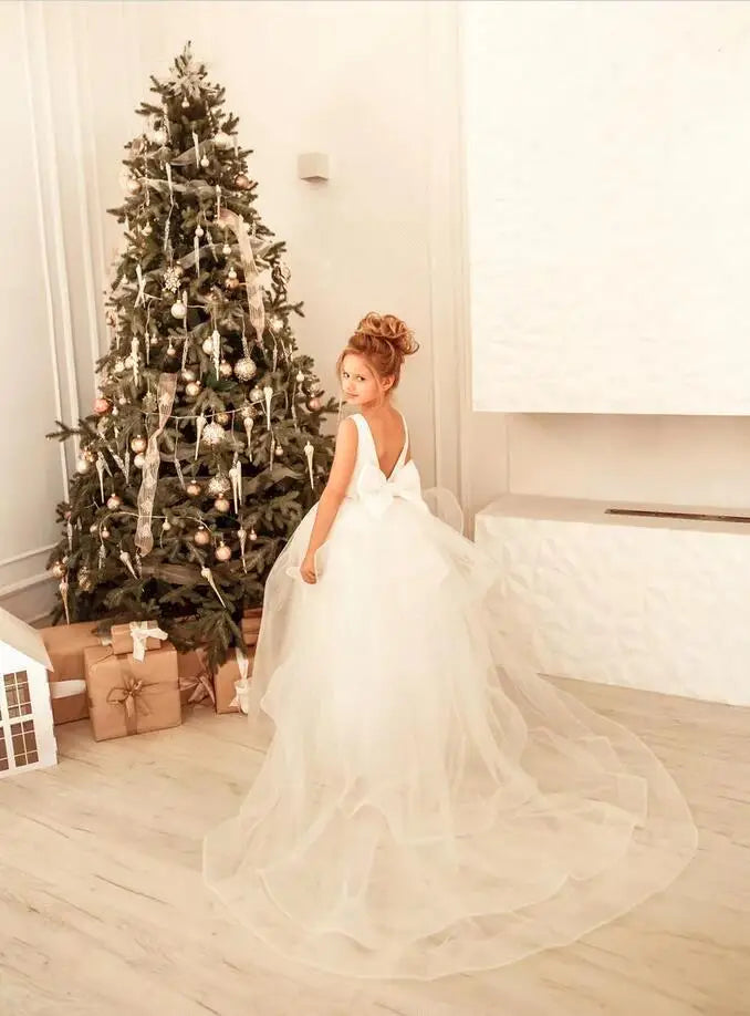 Long Sleeve Flower Girl Dress — White Lace Tulle First Communion & Bridesmaid Dress