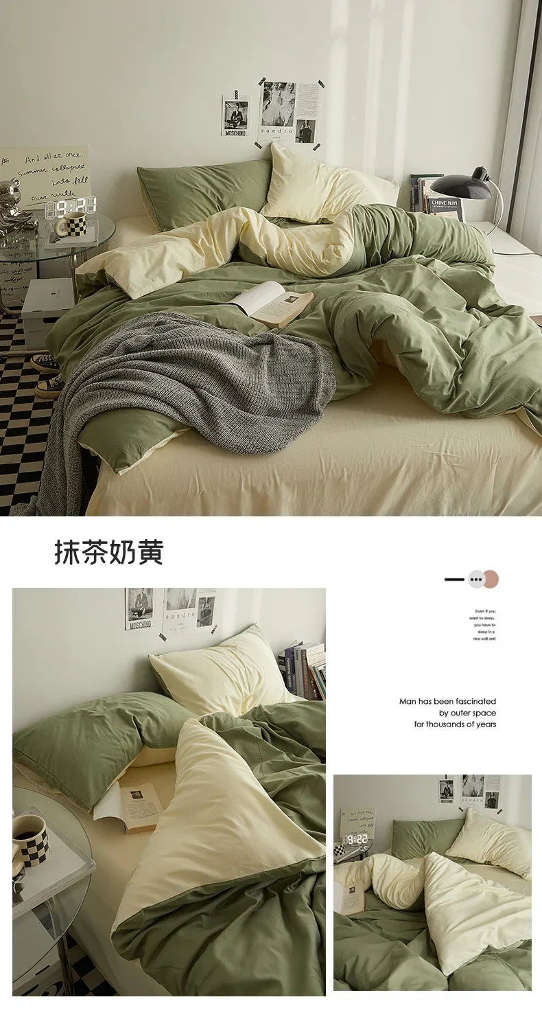 Solid Color Washed Cotton Bedding Set – 4-Piece Duvet Cover, Bed Sheet & Pillowcases, Twin to King