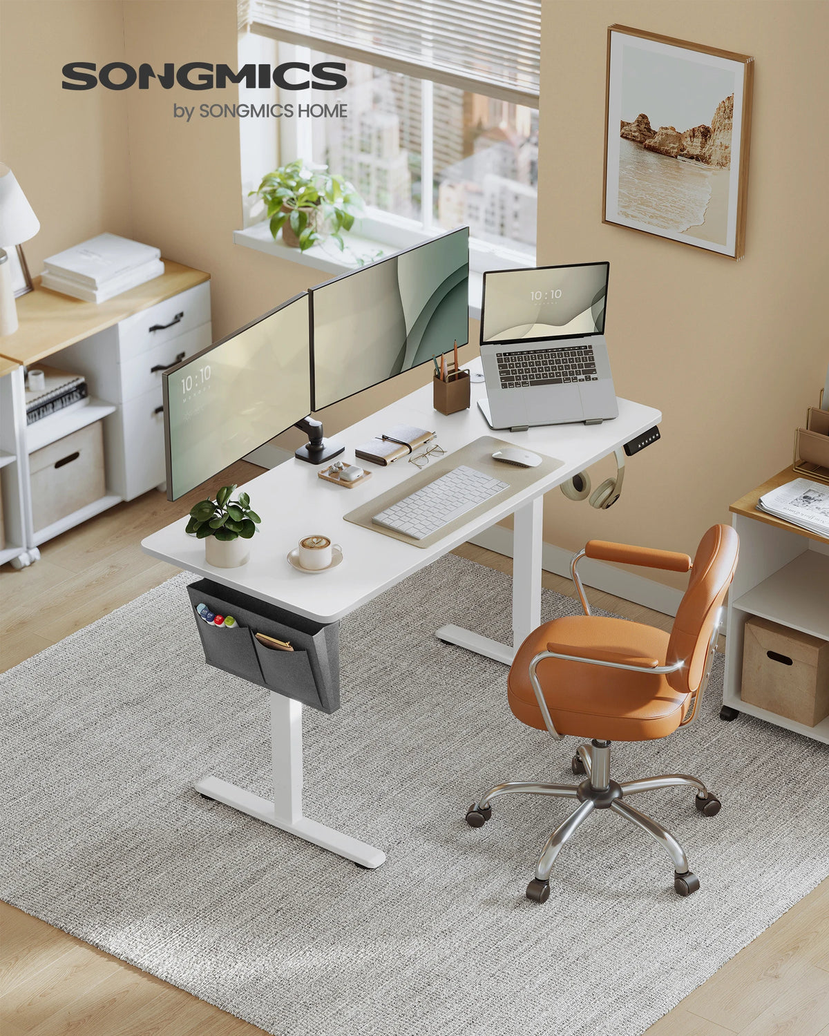 SONGMICS Electric Height Adjustable Desk – 140 x 60cm, 4 Memory Heights, Storage Pocket, Home Office & Study