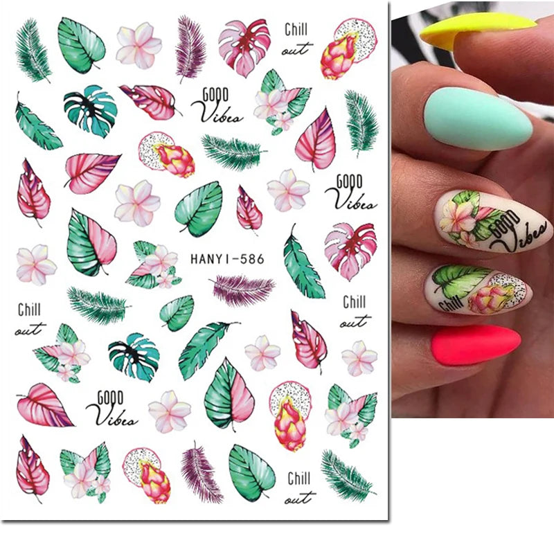 3D Summer Tropical Nail Art Sticker Decals — Palms, Butterflies & Flowers