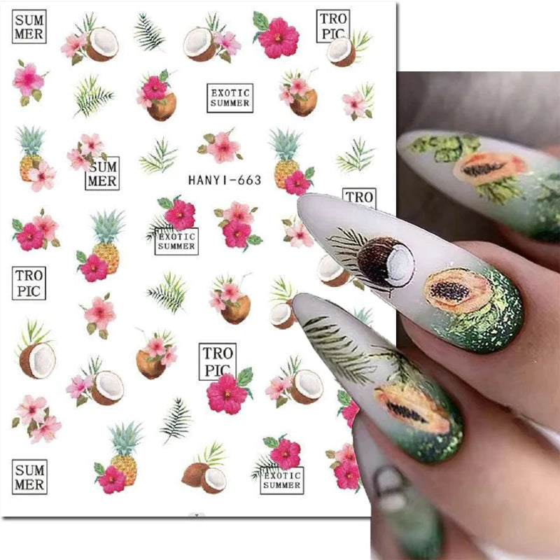 3D Summer Tropical Nail Art Sticker Decals — Palms, Butterflies & Flowers