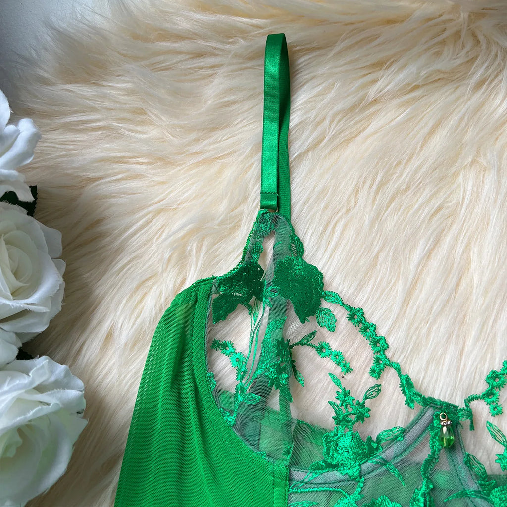 Sheer Embroidery Bra & Brief Set — Transparent Lace Underwear Suit