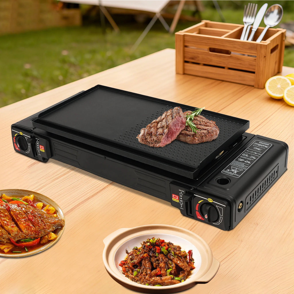 2-Burner Portable Camping Stove — 2500W Each, Butane/LPG, Piezo Ignition, Carry Case Included
