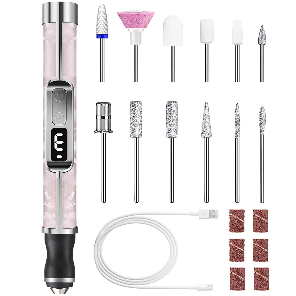 Electric Nail Drill & Polisher – 3 Speeds, 15000 RPM, 12 Drill Bits, LED Display, USB-C