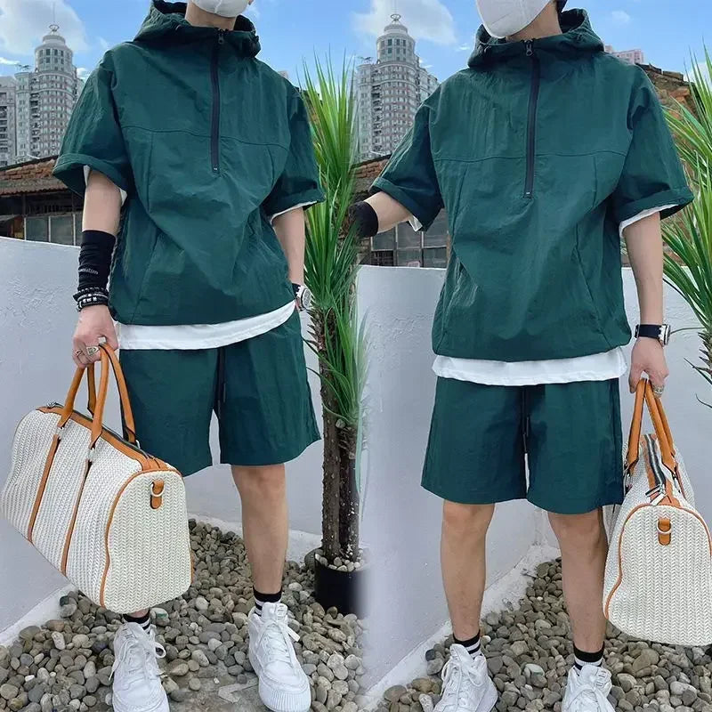 Men's Cargo Style Hooded T-Shirt & Shorts Set – Solid Loose Fashion Casual Sweatshirt Suit