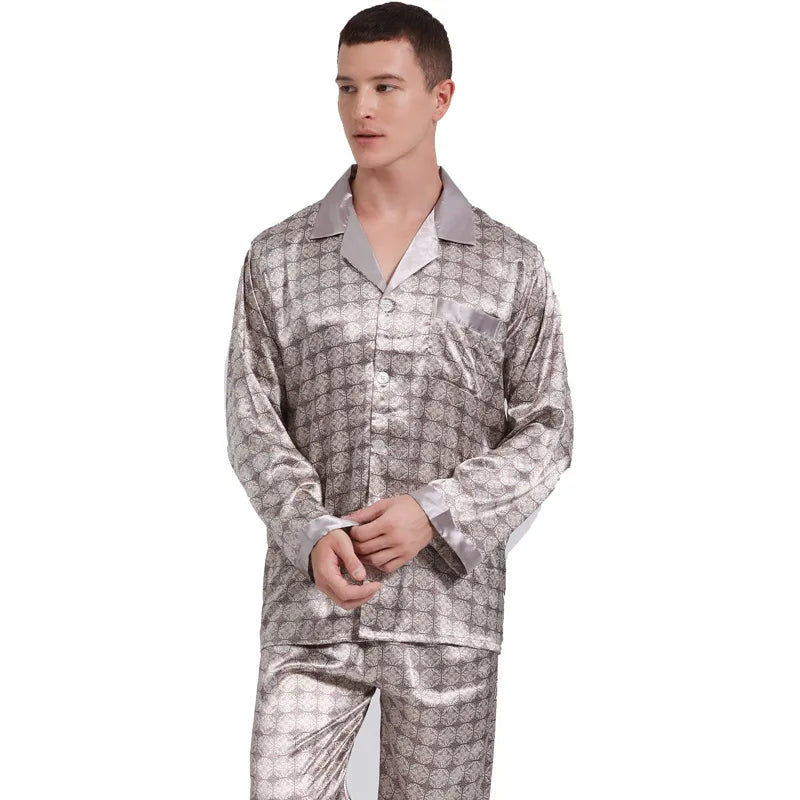Men's Ice Silk Satin Pajama Set — Long Sleeve Top & Pants Sleepwear