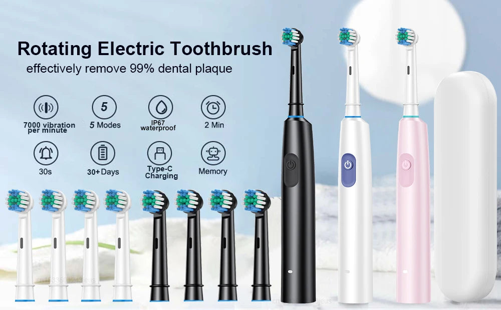 Rotary Rechargeable Electric Toothbrush for Adults – 5 Modes, 30-Day Battery, 8 Brush Heads