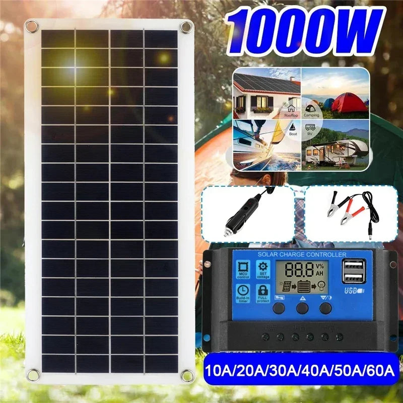 1000W Solar Panel 12V – 60A/100A Controller Solar Charge for RV Car Outdoor Battery Supply