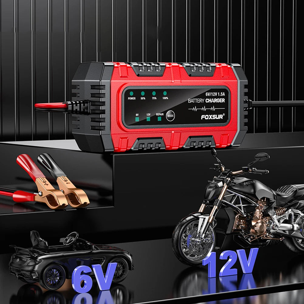 6V/12V 1.5A Smart Car & Motorcycle Battery Charger – Lead-Acid AGM GEL Charging Unit