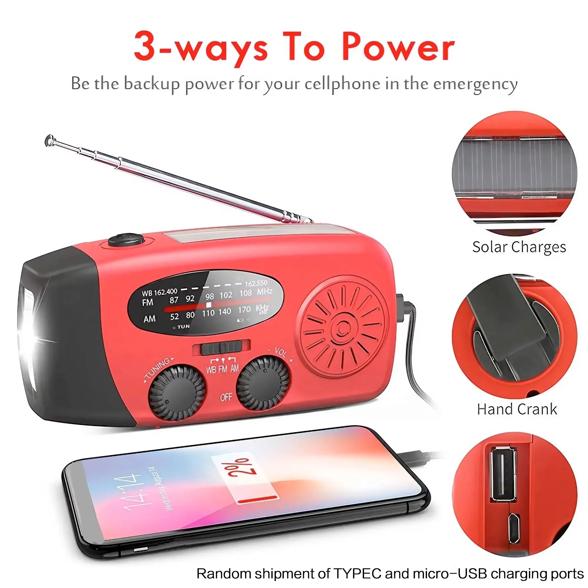 Emergency Weather Radio — FM/AM/WB, Hand Crank Solar, 2000mAh Power Bank & LED Flashlight