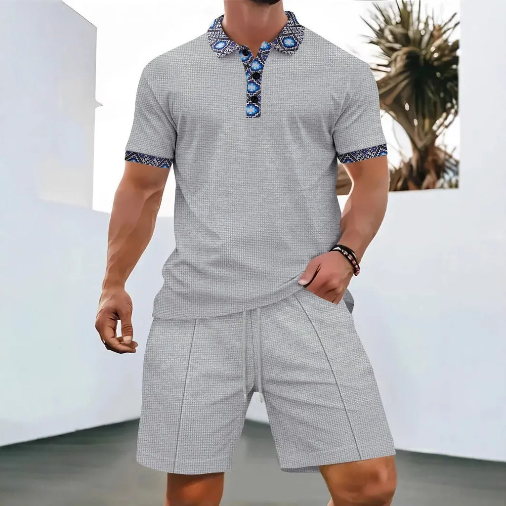 Men's Waffle Solid Color Zip Lapel Short Sleeve & Shorts Set – European Summer 2-Piece Suit