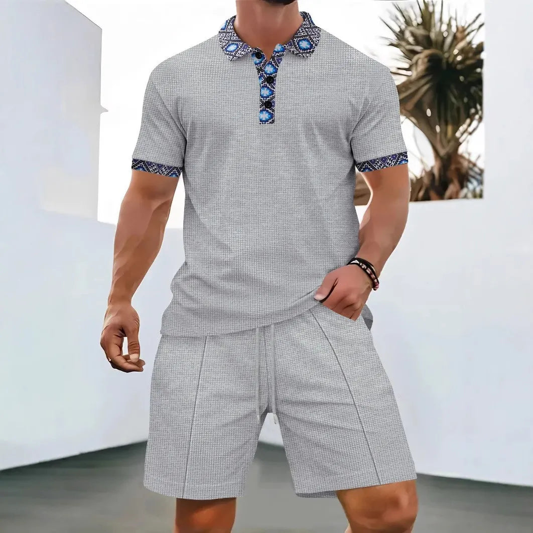 Men's Waffle Solid Color Zip Lapel Short Sleeve & Shorts Set – European Summer 2-Piece Suit