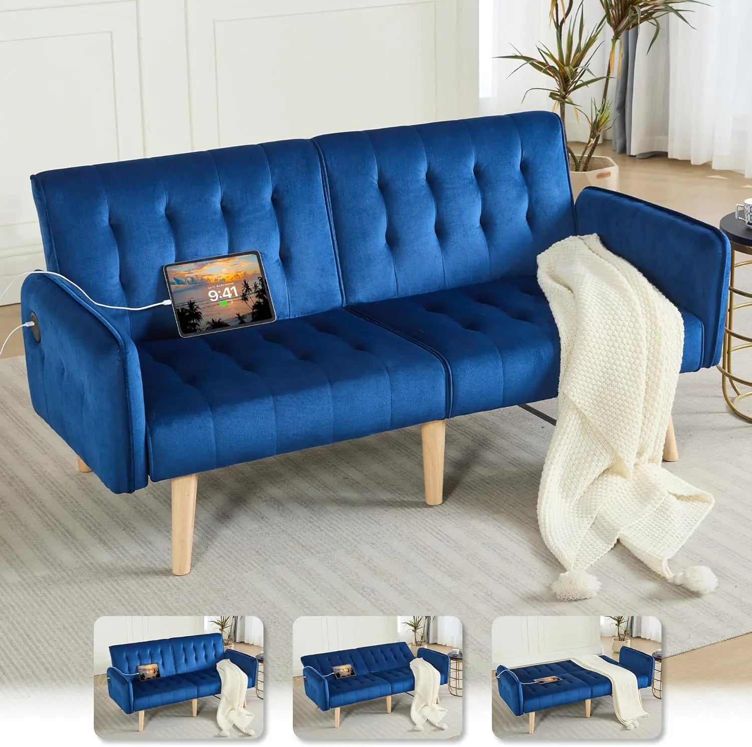 Sofa, Bed & Charging Station in One — TYBOATLE 65" Futon Sofa Bed | 2 USB Ports, Tufted Linen, Adjustable Loveseat for Small Spaces