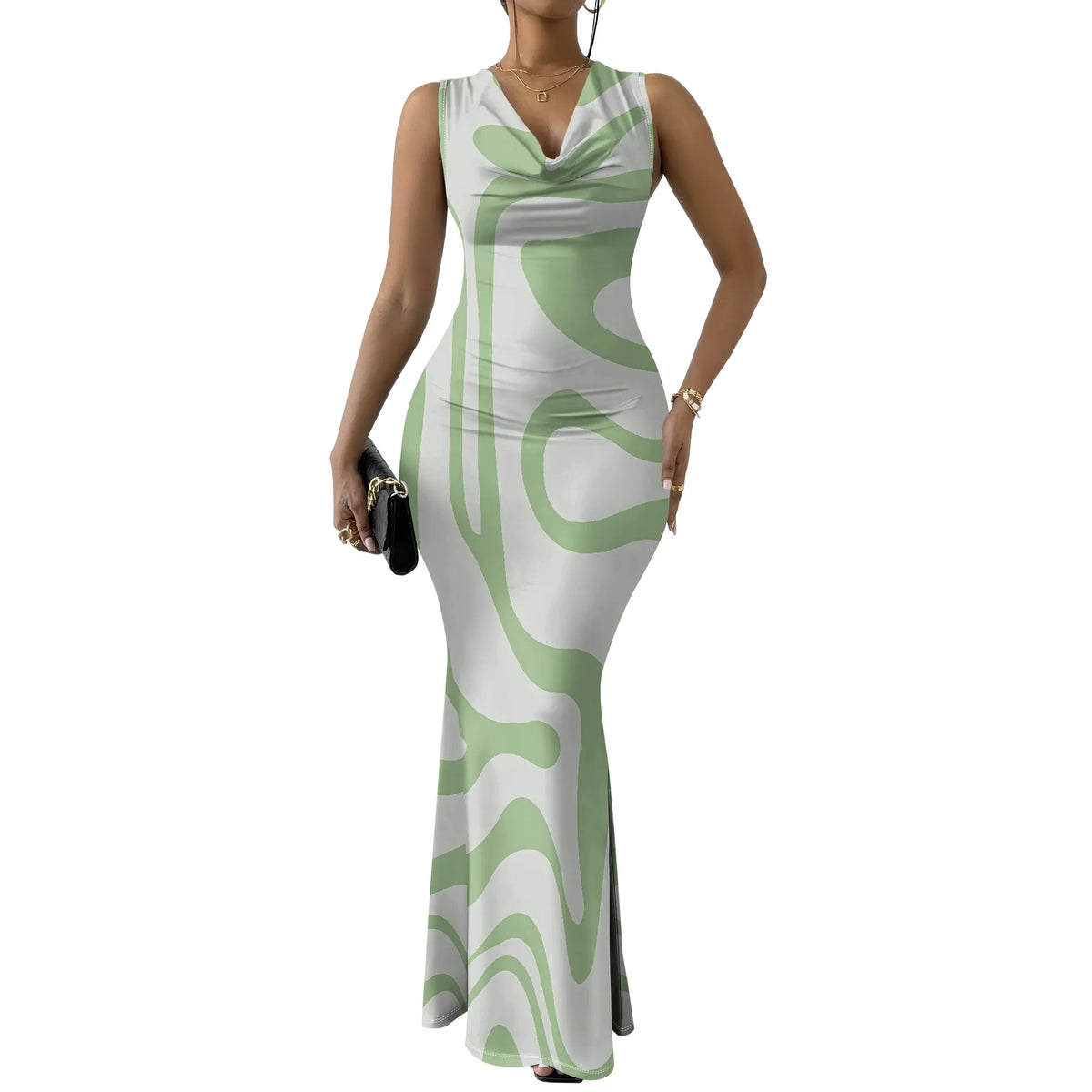 Colorful Geometric Off-Shoulder Maxi Dress — Artistic Party Evening Resortwear Dress