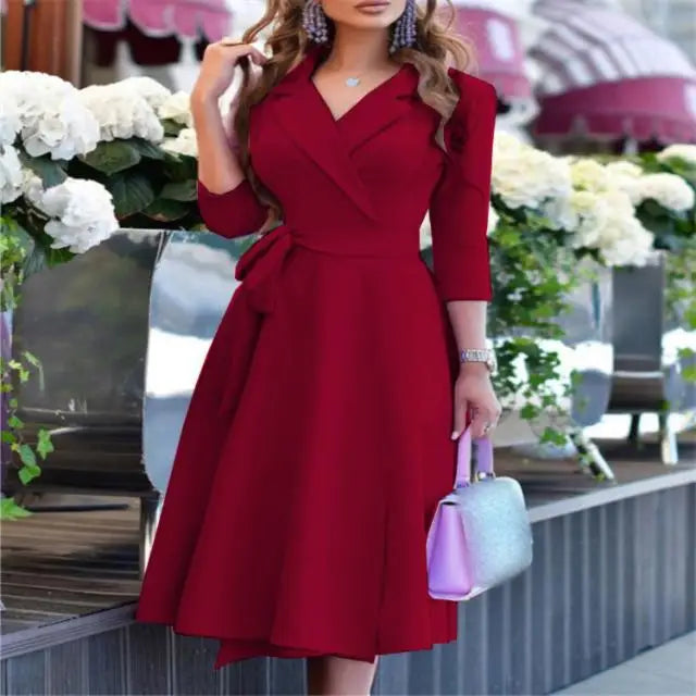 Women's Floral Printed Dress Turn-down Collar Ladies Fashion Elegant  Midi Dresses Vestidos Femenino Платье Женское Вечернее