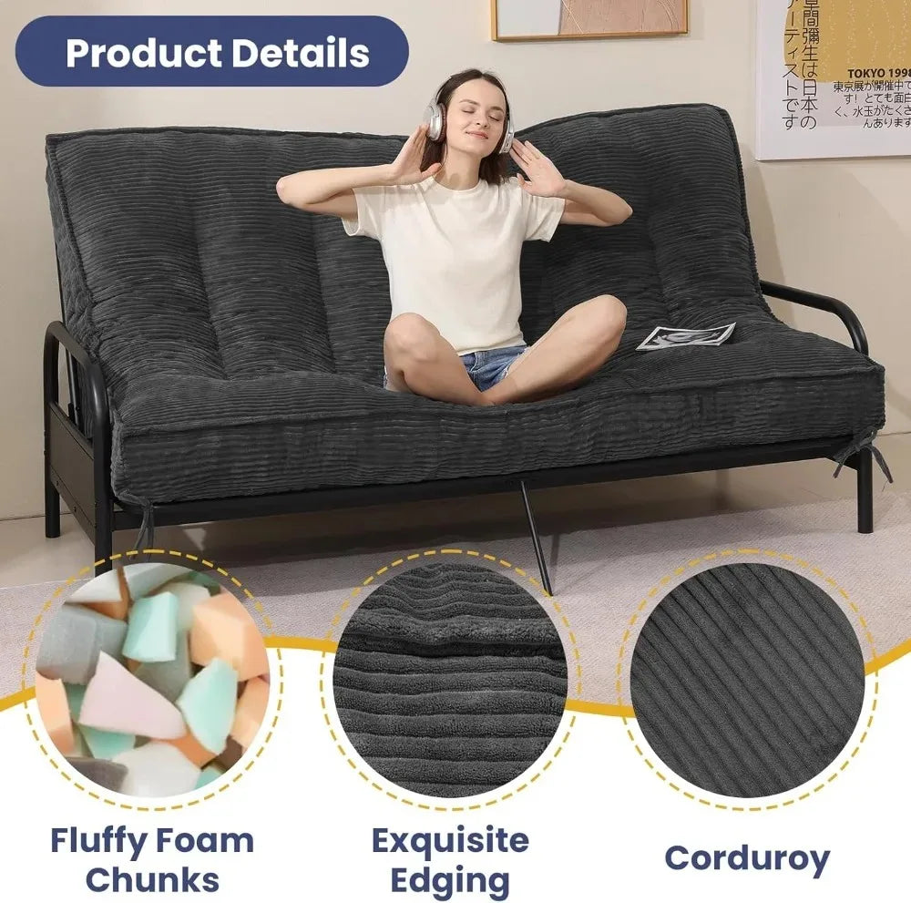 Sofa by Day, Bed by Night — 8" Thick Full-Size Futon Mattress | Roll-Up Folding Floor Sleeper, Medium Firm, Corduroy