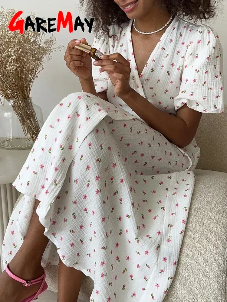 100% Cotton Floral A-Line Midi Dress — Elegant White Summer Dress with Side Slits