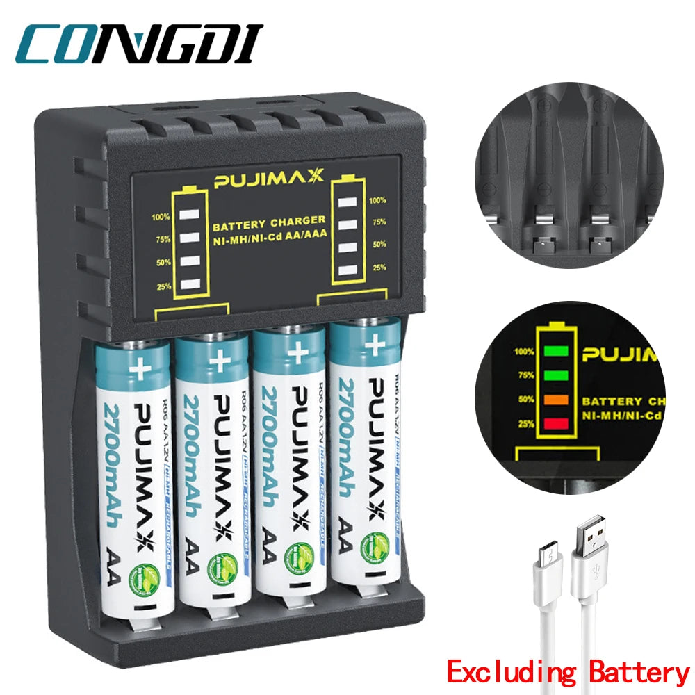 AA/AAA Battery Charger – 4-Slot Intelligent LED Indicator, USB-C & Micro for NiMH/NiCd Rechargeable Batteries