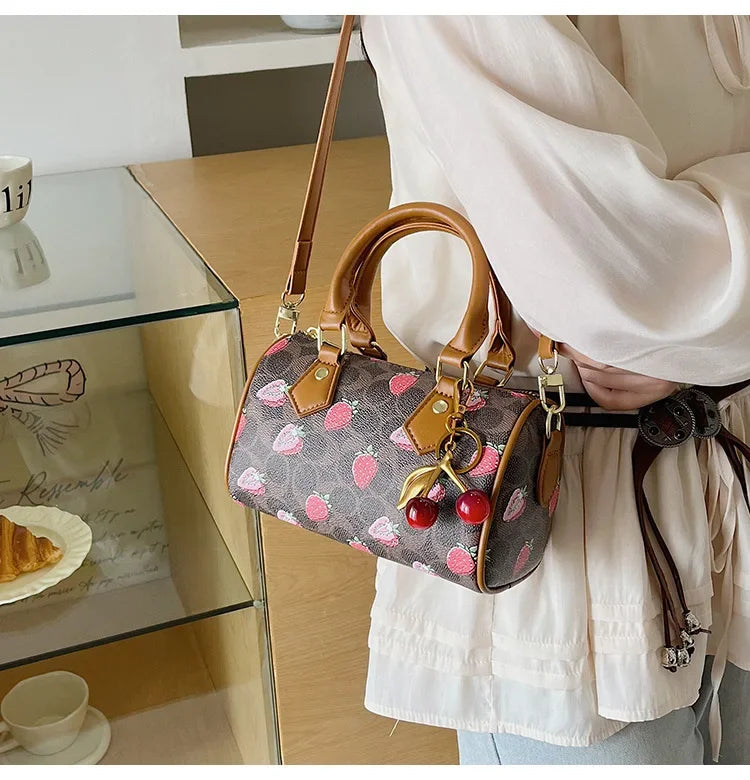 Cherry Print PU Leather Boston Crossbody Shoulder Bag – Luxury Designer Handbag for Women