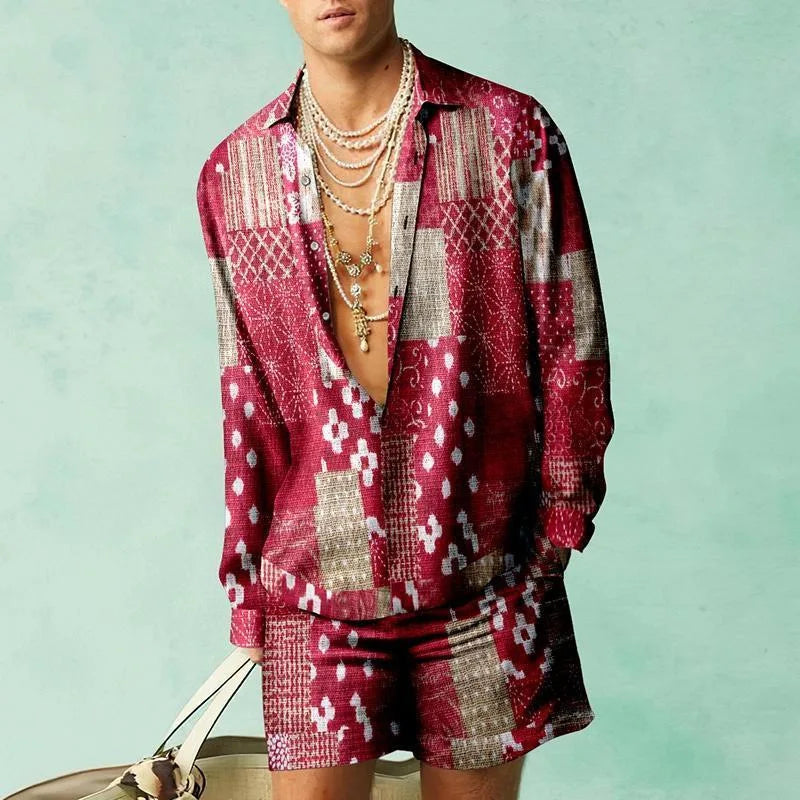 Men's Hawaiian Print Shirt & Drawstring Shorts Beach Vacation Set