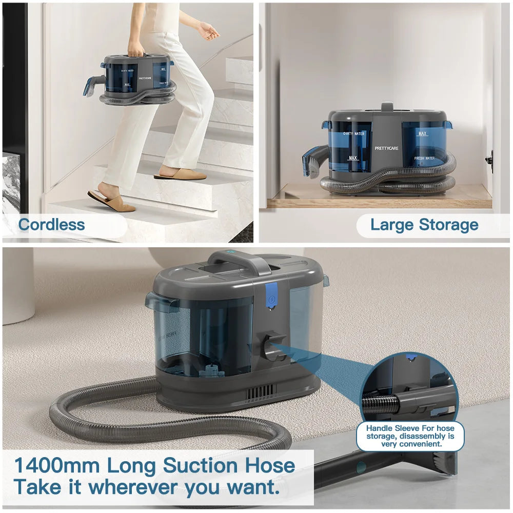 PrettyCare PC808 Cordless Carpet & Spot Vacuum Cleaner — 1.4m Hose, 30-Min Runtime, Wet Sprayer for Sofa & Car