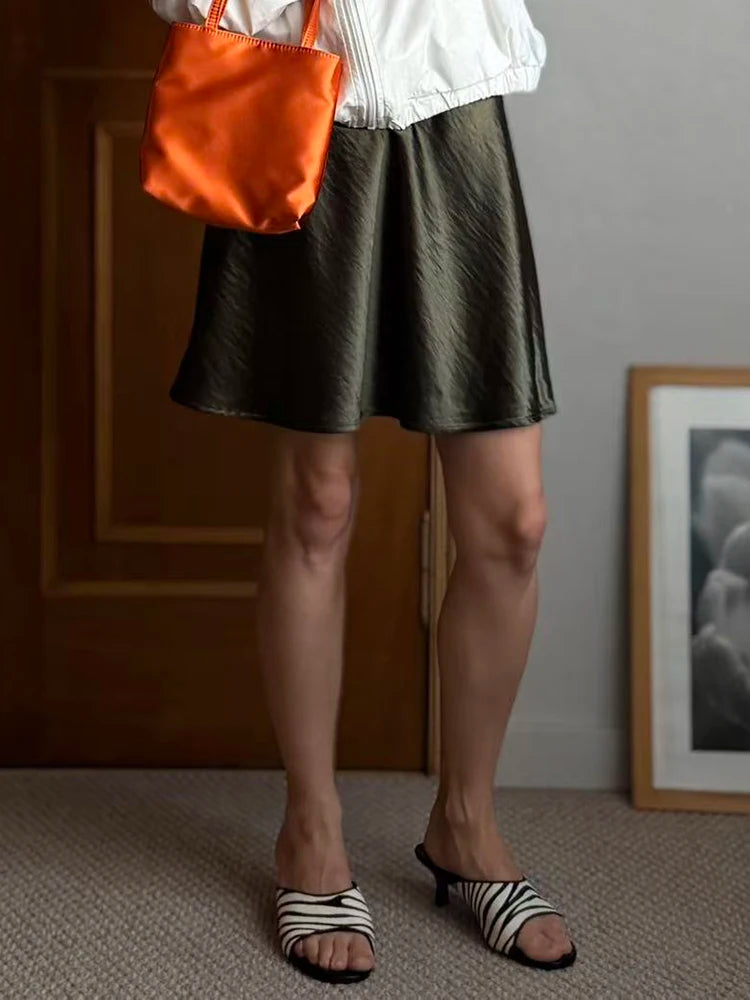 Women's Satin Mini Skirt – High Waist A-Line Luxury Office Wear in Black, Brown & Beige