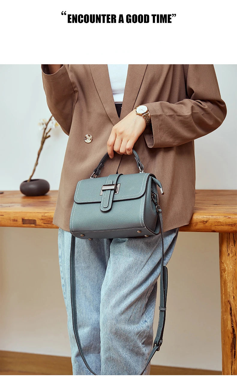 Genuine Cow Leather Square Satchel Shoulder Bag – All-Match Crossbody Messenger Handbag for Women