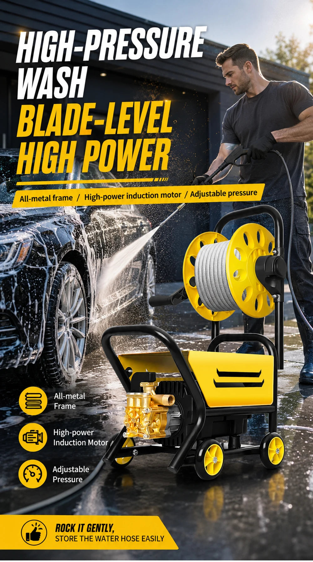 220V Household High Pressure Car Washer Portable Boost Water Gun with Roller Mobile Cleaning Machine for Car Yard Washing