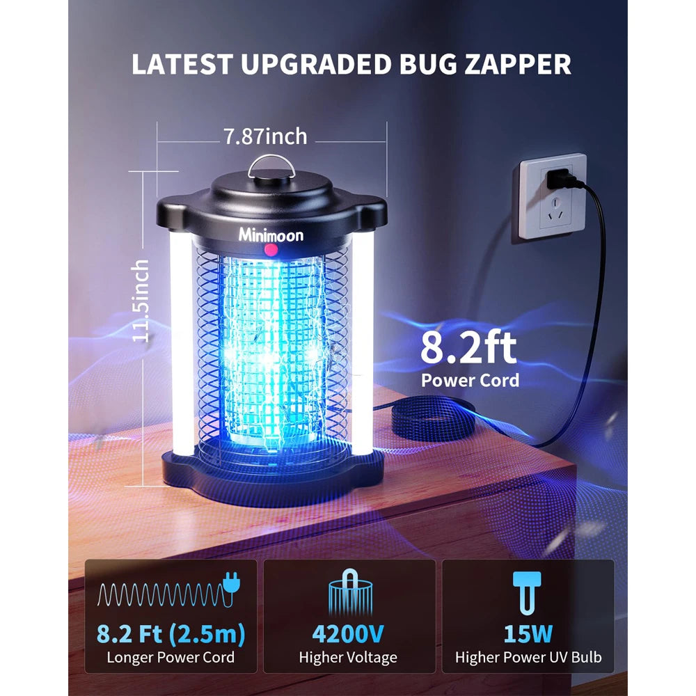 Minimoon Outdoor Bug Zapper — 15W UV, 4200V Grid, Dual LED Light, IPX4 Waterproof, 2100 Sq.Ft Coverage