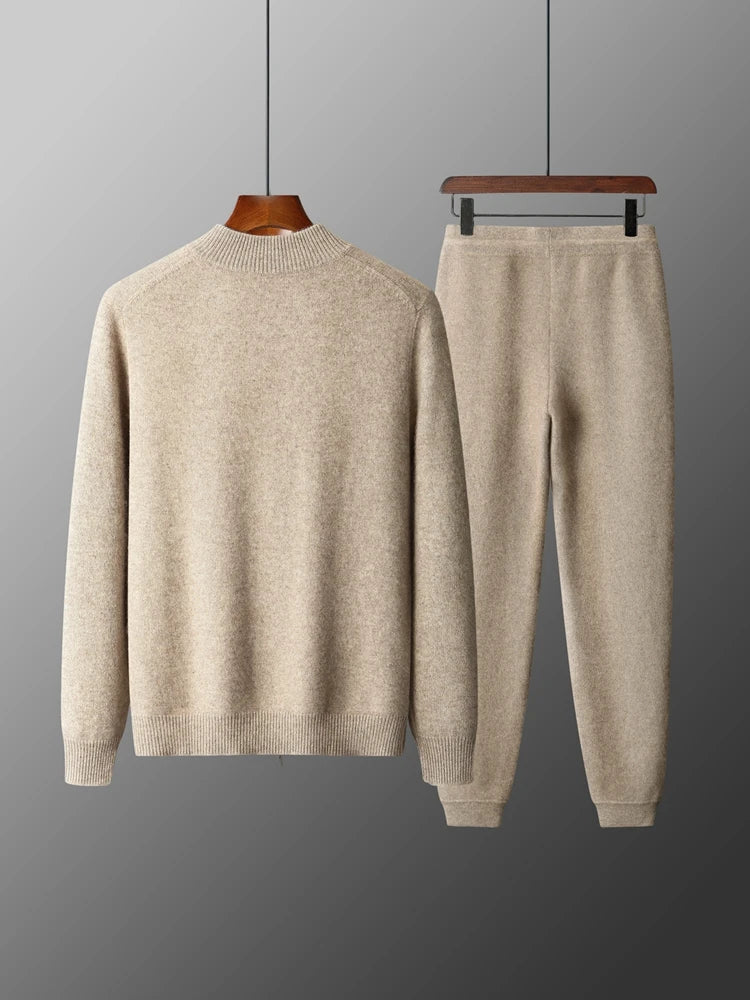 Men's 100% Merino Wool Zip Cardigan & Slim-Fit Pants Set – Warm 2-Piece Winter Suit