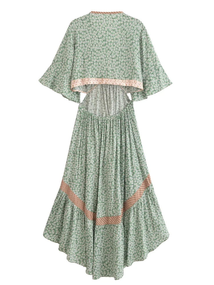 Bohemian Hollow Out Beach Dress — Short Sleeve High-Low Boho Maxi Dress