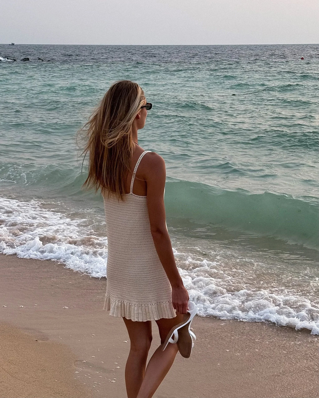 Crochet Halter V-Neck Beach Mini Dress — Ruffle Knit Swimsuit Cover-Up