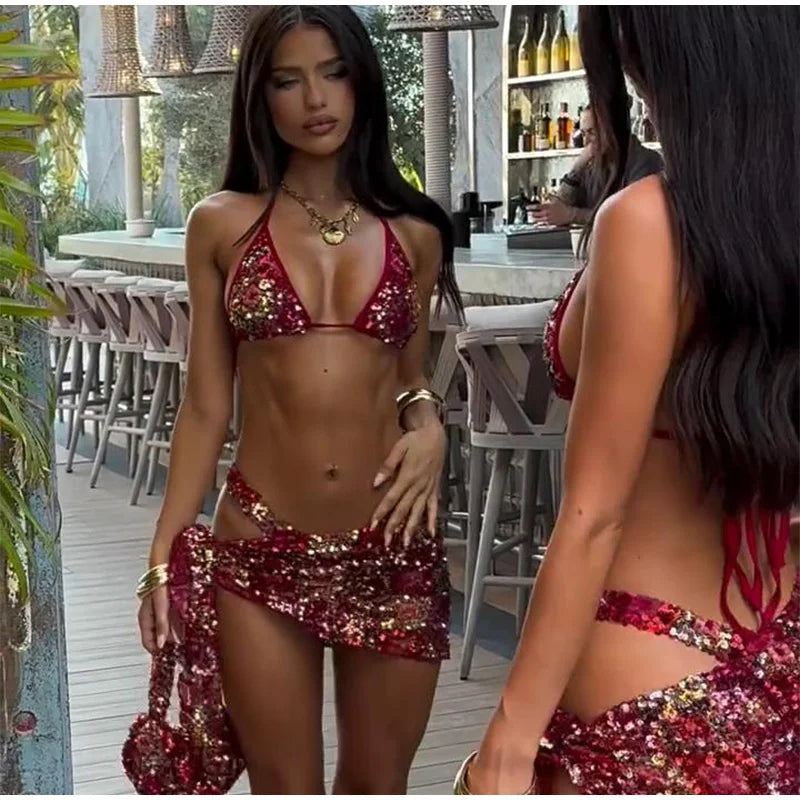 Sexy Sequin Bikini Skirt Set | Backless Halter, Lace-Up, Slim Mini Skirt, 2025 Summer Beach Suit