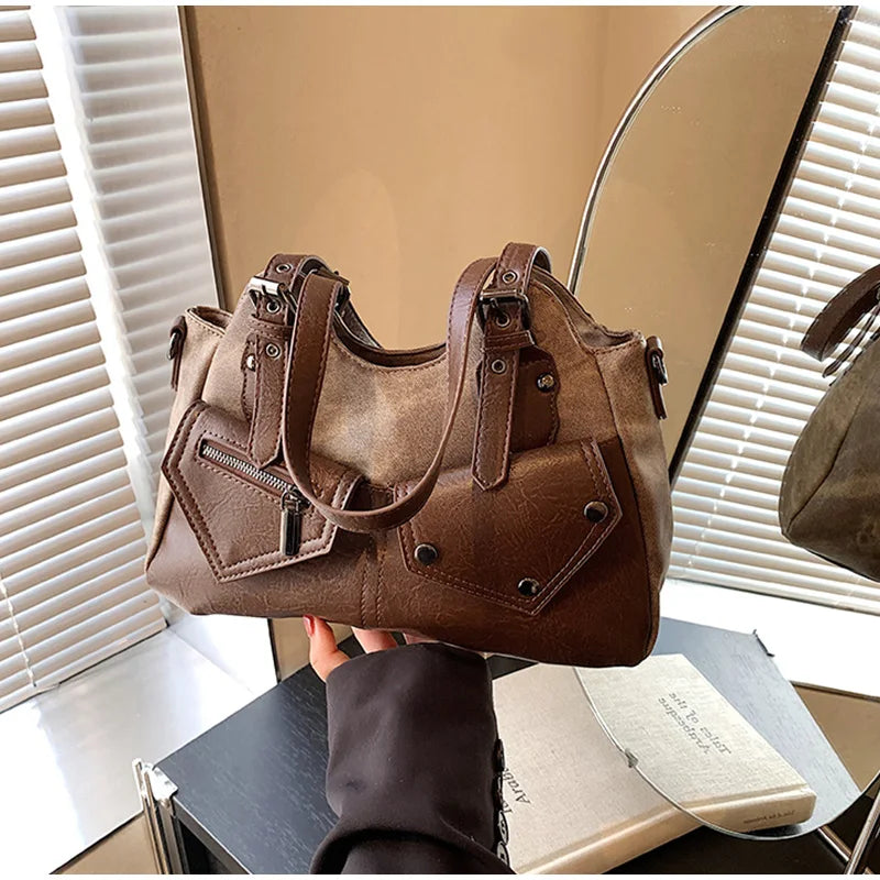Retro Color-Block Satchel Shoulder Bag – European Style PU Leather Tote Handbag for Women
