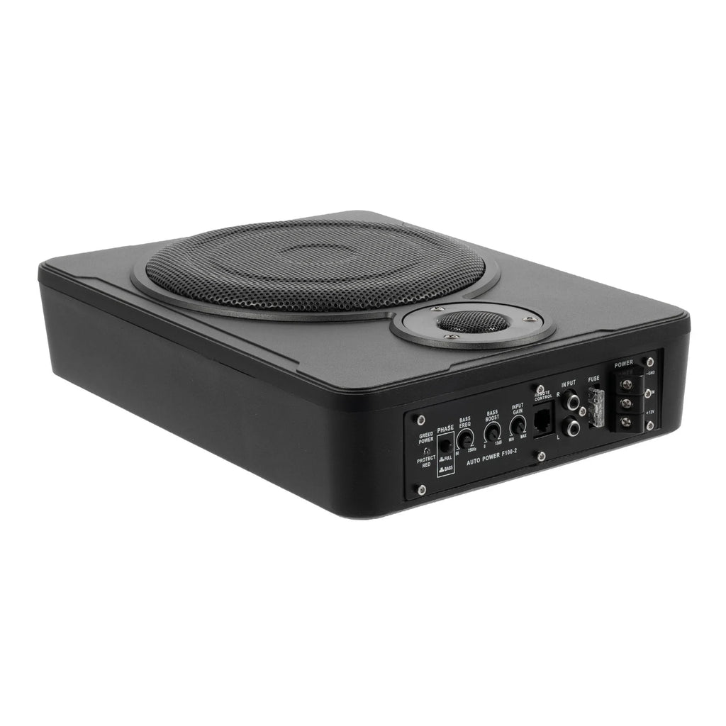 Black subwoofer with control panel on a white background