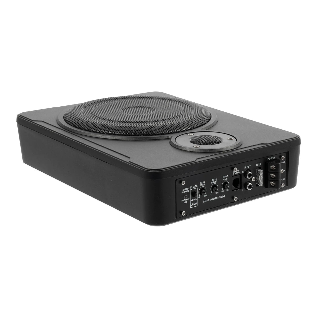 Black subwoofer with control panel on a white background