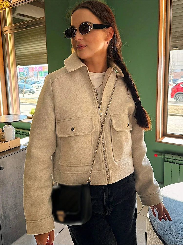 Women's Short Zip-Up Jacket Coat – Elegant Street Outerwear with Pockets