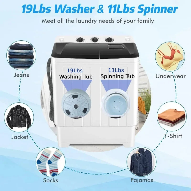 Portable Washing Machine — 2-in-1 Twin Tub Washer & Spinner Combo, 30 lbs Capacity (19 lbs Washer + 11 lbs Spinner), Compact Laundry