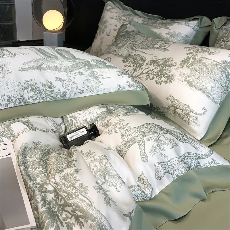 Eucalyptus Lyocell Bedding Set – Silky Soft Forest & Leopard Print Duvet Cover, Bed Sheet & Pillowcases