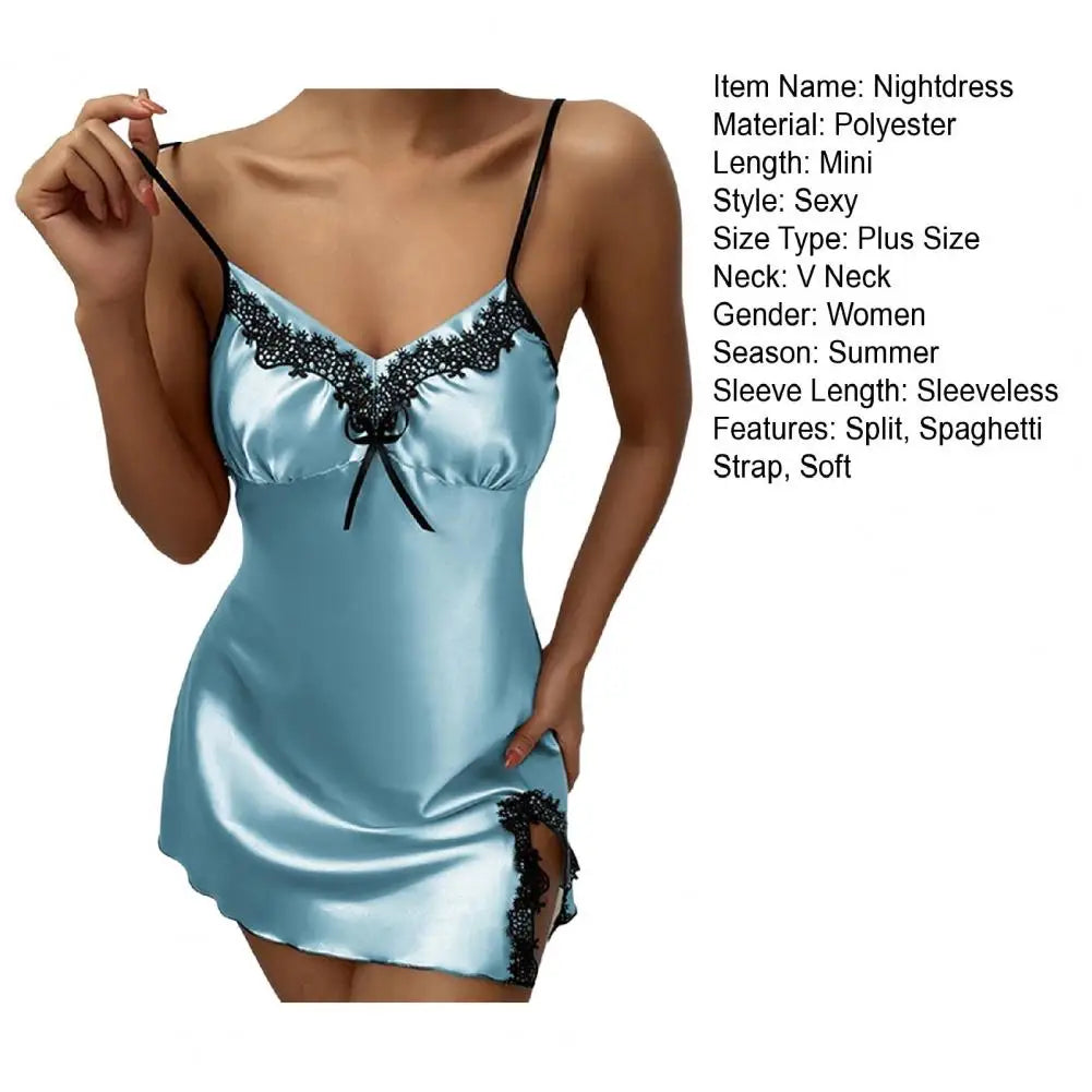 Silky Satin Spaghetti Strap Sleep Dress — Deep V Nightgown
