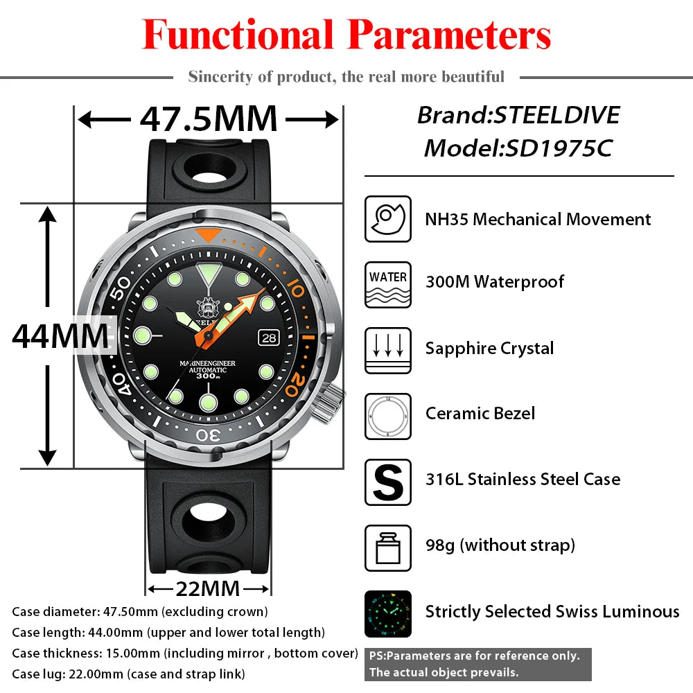 STEELDIVE SD1975C Tuna Can Dive Watch | 300M Waterproof NH35 Movement Ceramic Bezel