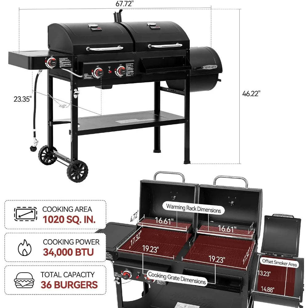 Dual Fuel 2-Burner Grill Combo | Offset Smoker, Side Burner, 34,000 BTU, 1020 Sq. In. Cooking Area, Gas & Charcoal Outdoor Grill