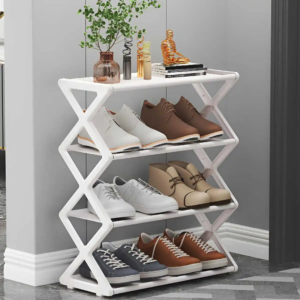 4-Tier X-Type Dustproof Shoe Storage Rack — Foldable Steel Organizer for Entryways, Bedrooms & Dorms